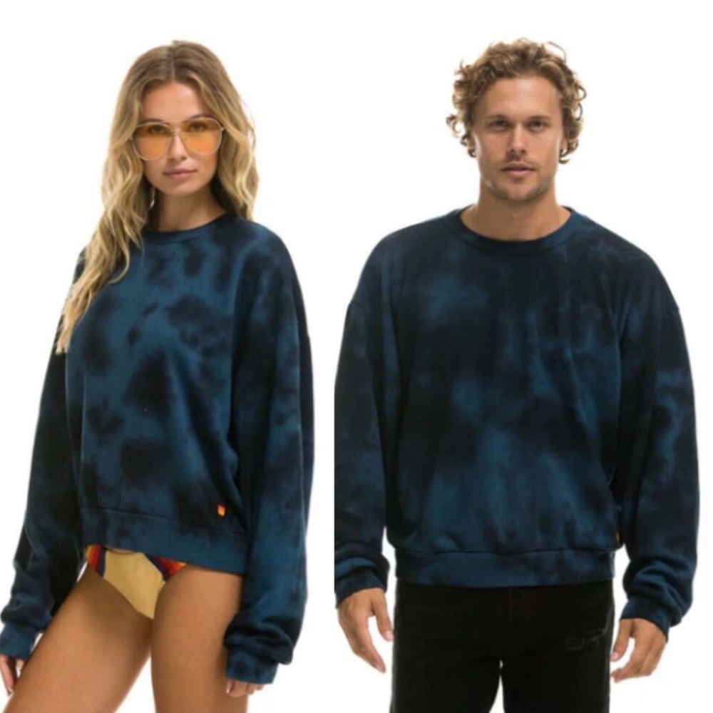AVIATOR NATION Hand Dyed Relaxed Vintage Retro Blue Black Pullover Sweatshirt